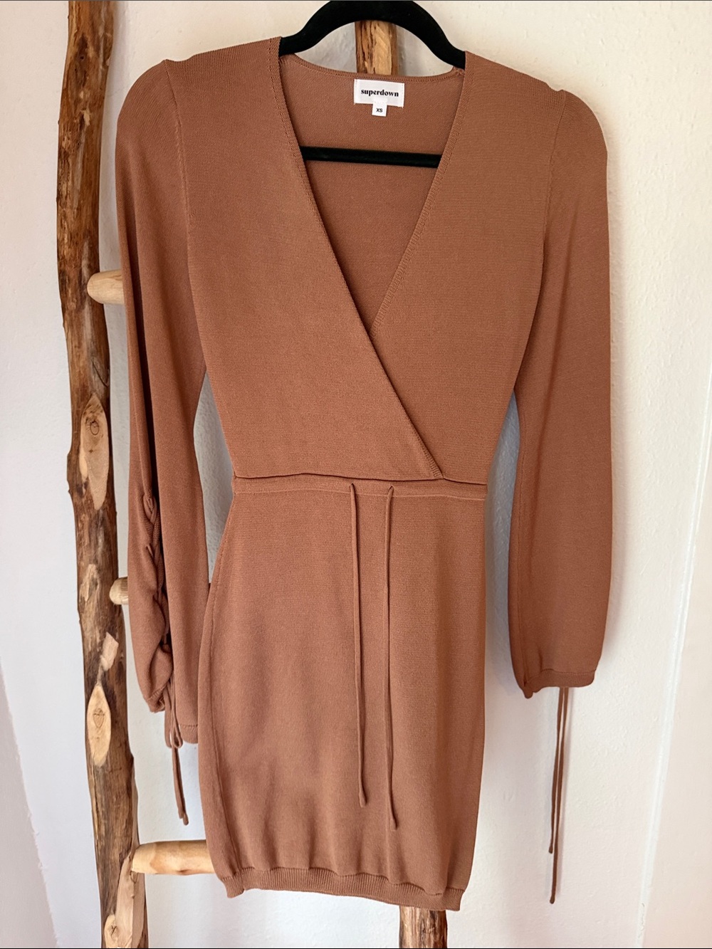 superdown Long Sleeve Faux Wrap Stretchy Knit Dress in Camel Brown Nude Ties XS